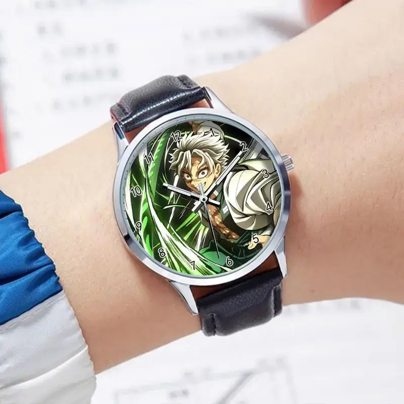 A stylish Demon Slayer Watch featuring two-dimensional anime art of Rengoku Kyoujurou and Tokitou Muichirou, designed as a trendy business wristwatch.