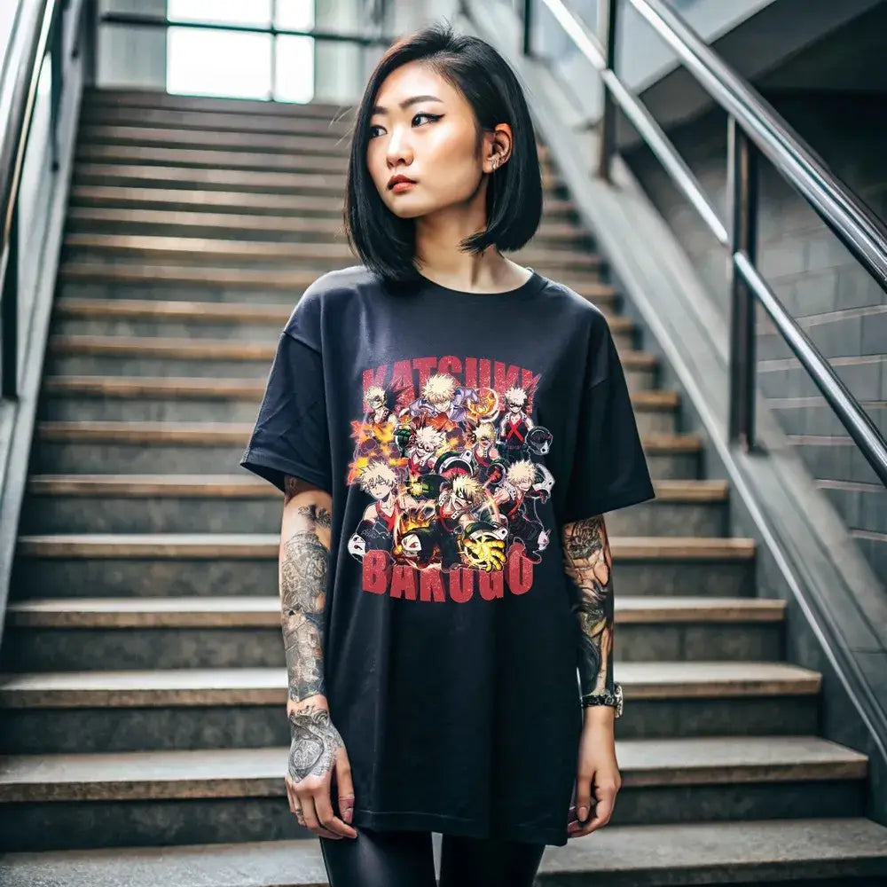 A premium Katsuki Bakugo T-Shirt featuring explosive manga panel art from My Hero Academia, designed as a trendy MHA anime gift.