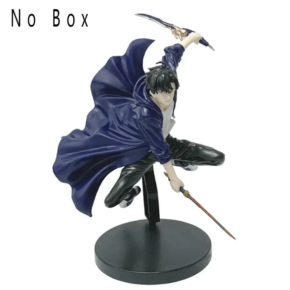 A highly detailed Sung Jin Woo Figure, showcasing the Solo Leveling Shadow Monarch in a dynamic anime action pose for desktop decoration.
