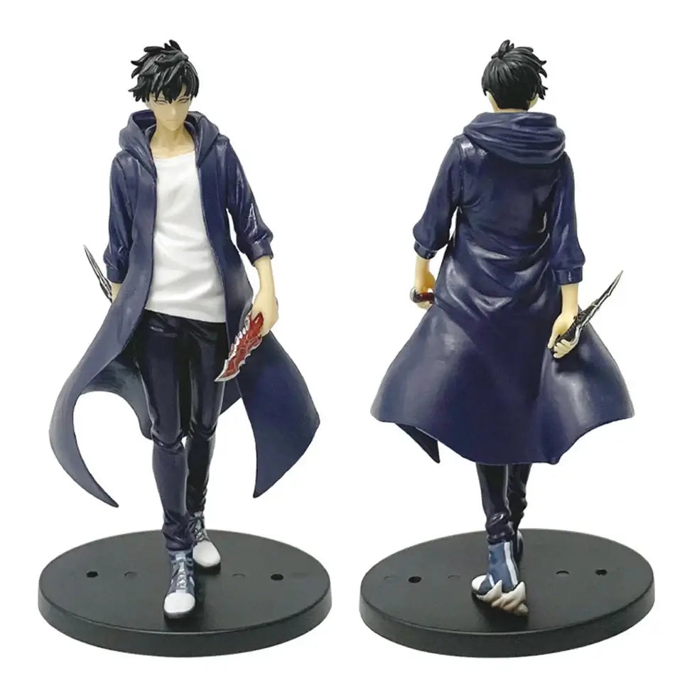 A highly detailed Sung Jin Woo Figure, showcasing the Solo Leveling Shadow Monarch in a dynamic anime action pose for desktop decoration.