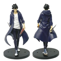 A highly detailed Sung Jin Woo Figure, showcasing the Solo Leveling Shadow Monarch in a dynamic anime action pose for desktop decoration.
