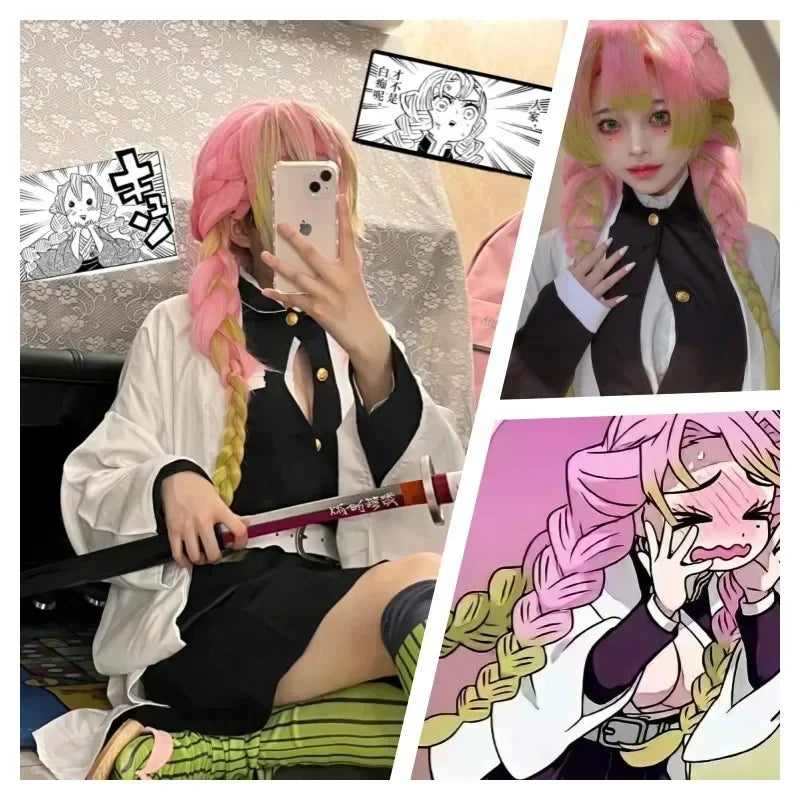 A complete Mitsuri Kanroji Cosplay Costume featuring the white haori, black uniform dress, and pink-green gradient wig for adults and children.