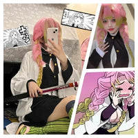 A complete Mitsuri Kanroji Cosplay Costume featuring the white haori, black uniform dress, and pink-green gradient wig for adults and children.