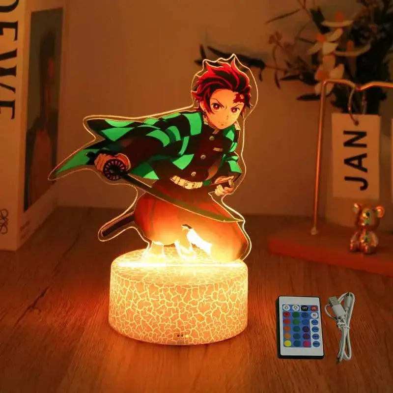 A glowing Demon Slayer 3D Lamp featuring an acrylic Tanjiro and Nezuko figure design, illuminated in blue LED light for bedroom decor.