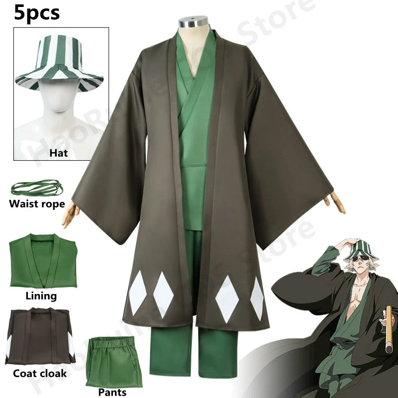 Urahara Kisuke BLEACH Cosplay Costume featuring a green top, pants, and hat, perfect for adult fans.