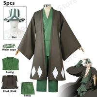 Urahara Kisuke BLEACH Cosplay Costume featuring a green top, pants, and hat, perfect for adult fans.