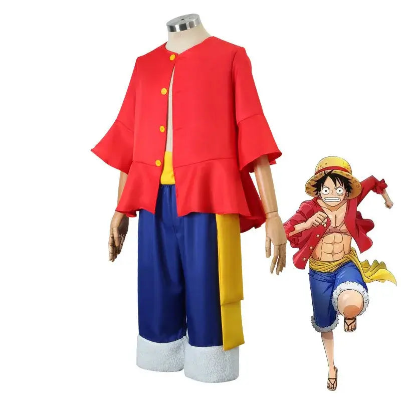 An adult wearing the 5-style Anime Monkey D Luffy Cosplay Costume from the Egghead arc, including the coat and hat.
