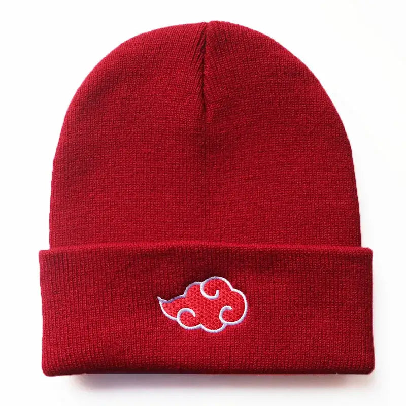A black knitted Akatsuki Beanie featuring the red cloud embroidery symbol, designed as a warm unisex winter hat for men and women.