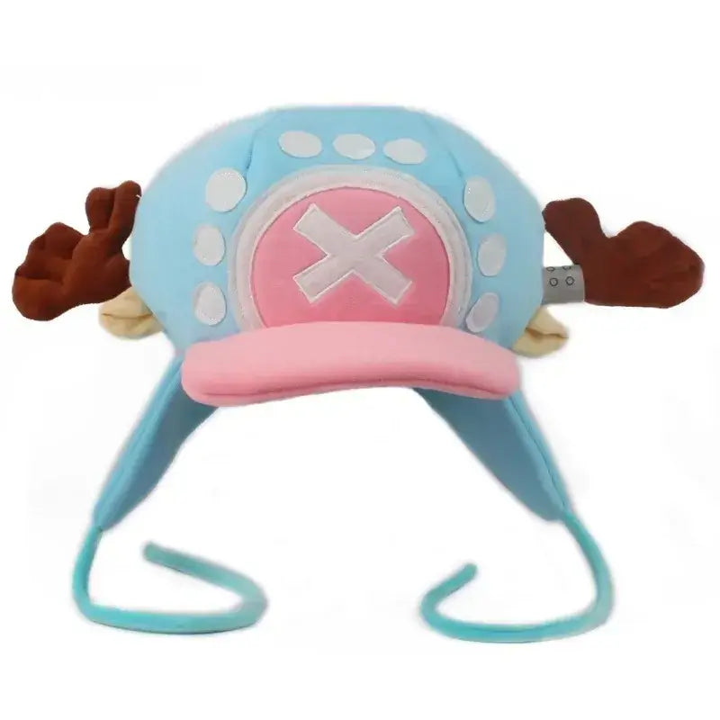 A soft Tony Tony Chopper Hat made of plush cotton featuring 3D antlers, alongside a spotted Trafalgar Law cap for anime cosplay.