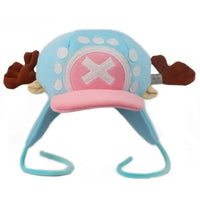A soft Tony Tony Chopper Hat made of plush cotton featuring 3D antlers, alongside a spotted Trafalgar Law cap for anime cosplay.