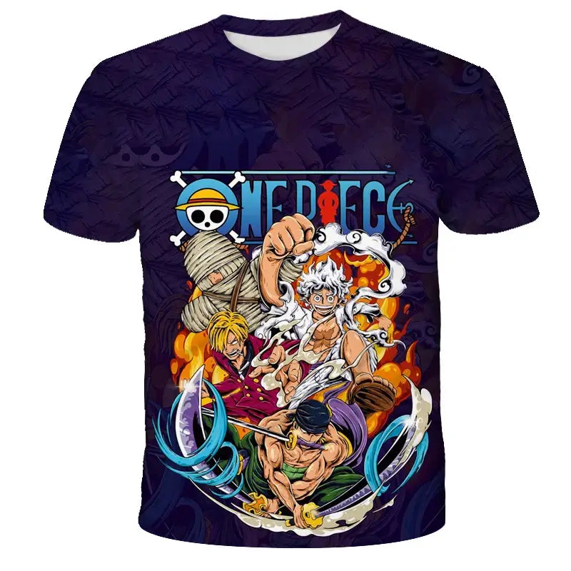 A breathable One Piece Luffy T-shirt featuring a cartoon graphic, designed as a loose-fit casual top for men and boys.
