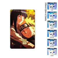 A waterproof Naruto Credit Card Skin PVC sticker featuring Uchiha Sasuke anime art applied to a standard debit bank card.