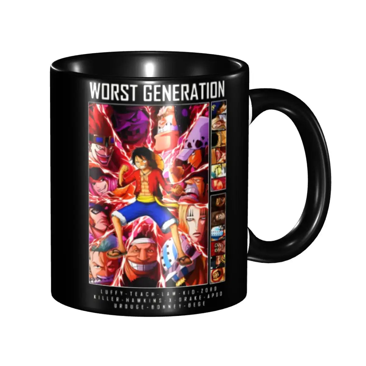 A ceramic Monkey D Luffy Quotes One Piece Mug featuring funny anime text and pirate character art, designed as a durable present for kids.