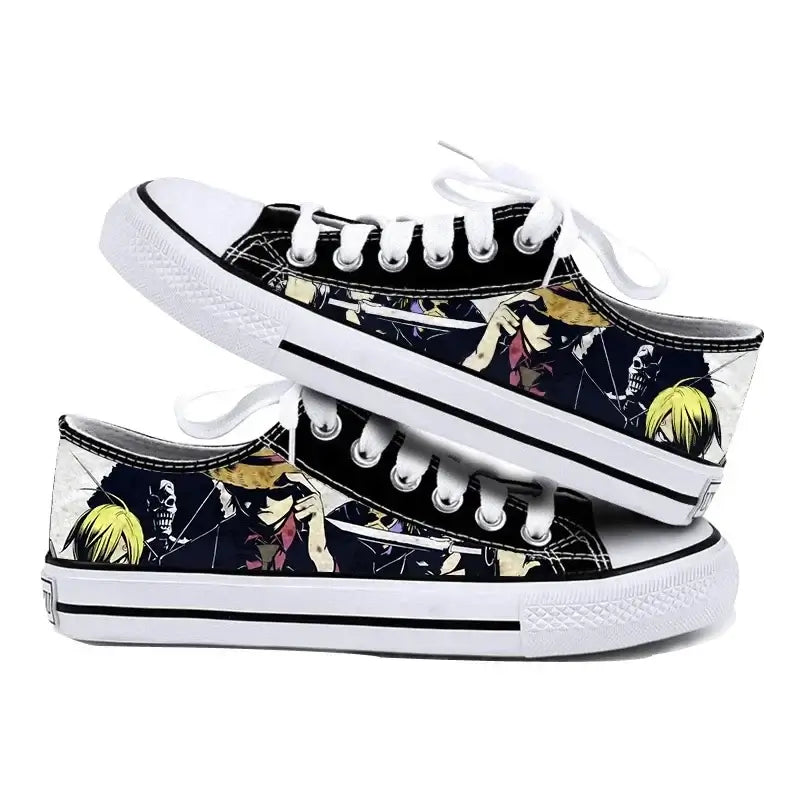 Trendy One Piece Canvas Shoes featuring Riman printed anime art, designed as breathable low-top flat sneakers for boys, girls, and couples.
