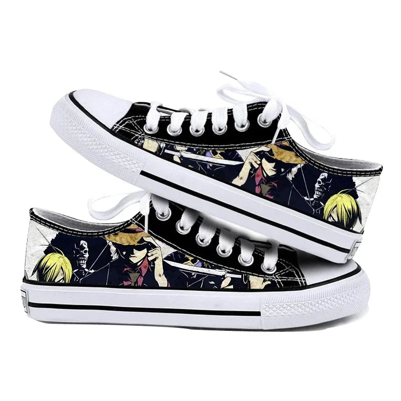 One Piece Anime Low Top Canvas Sneakers flat lay pair printed anime canvas couple birthday gift