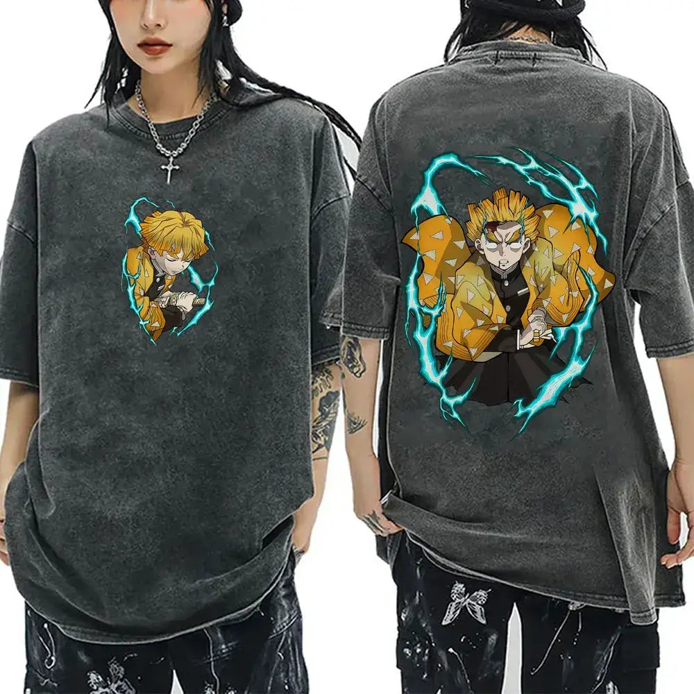 A vintage washed Demon Slayer Serpent Hashira Iguro Obanai T Shirt in a casual, oversized style for men and women.