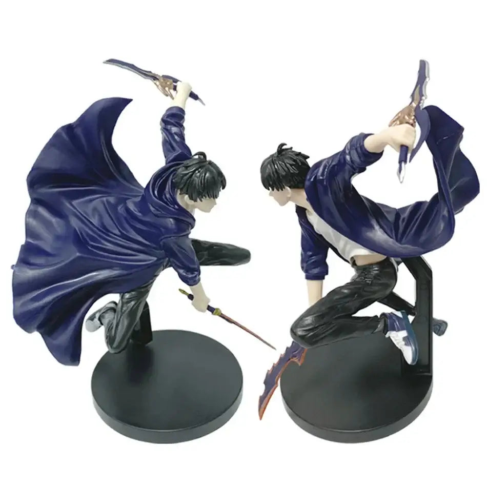 A highly detailed Sung Jin Woo Figure, showcasing the Solo Leveling Shadow Monarch in a dynamic anime action pose for desktop decoration.
