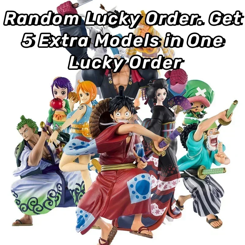 A One Piece Mystery Box containing a random collectible action figure ranging from 10cm to 30cm, featuring Luffy Gear 5 and Yonko silhouettes.