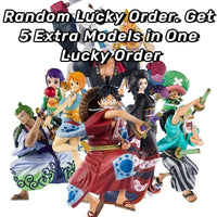 A One Piece Mystery Box containing a random collectible action figure ranging from 10cm to 30cm, featuring Luffy Gear 5 and Yonko silhouettes.
