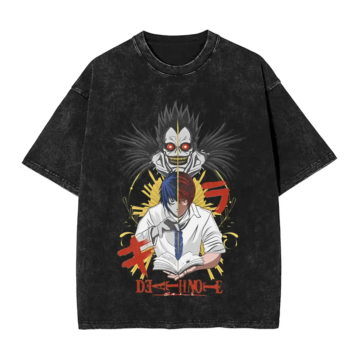 L Lawliet T-Shirt Death Note vintage washed cotton graphic tee with oversized fit O-neck collar and drop-shoulder short sleeves front view