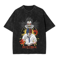 L Lawliet T-Shirt Death Note vintage washed cotton graphic tee with oversized fit O-neck collar and drop-shoulder short sleeves front view