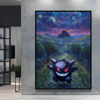 A stunning Van Gogh Pokemon Wall Art piece featuring Pikachu painted in a Starry Night impressionist style for unique home decoration.