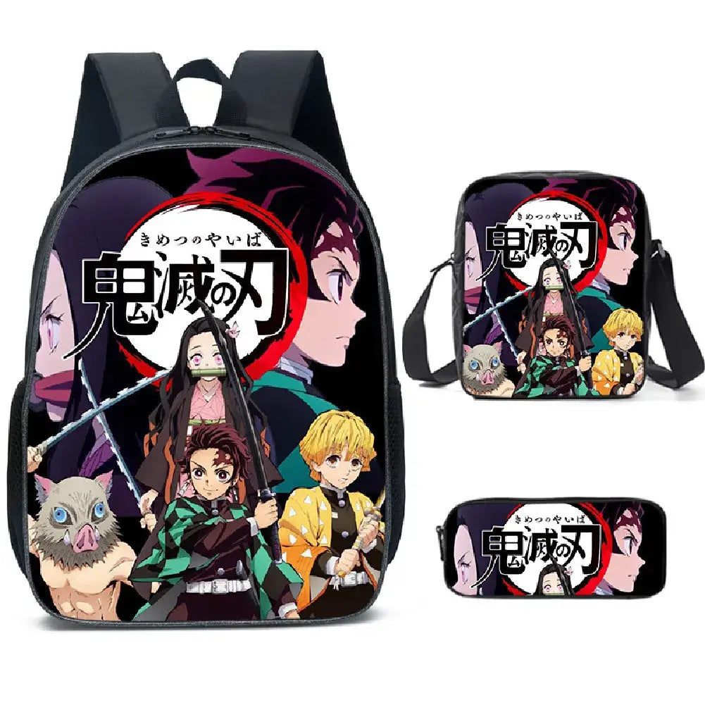 A pink Demon Slayer Backpack 3-piece set featuring Kamado Nezuko anime art, including a schoolbag, shoulder bag, and pencil case for students.