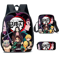 A pink Demon Slayer Backpack 3-piece set featuring Kamado Nezuko anime art, including a schoolbag, shoulder bag, and pencil case for students.