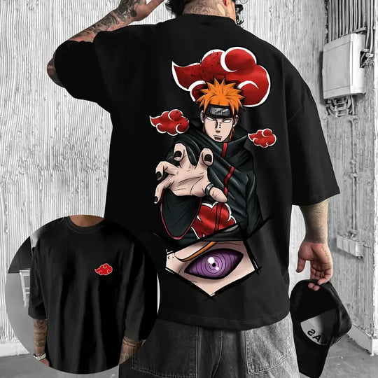 A black MINISO Akatsuki Cloud T-Shirt made of cotton, featuring Red Clouds and Purple Rinnegan eye design for men and anime cosplay.