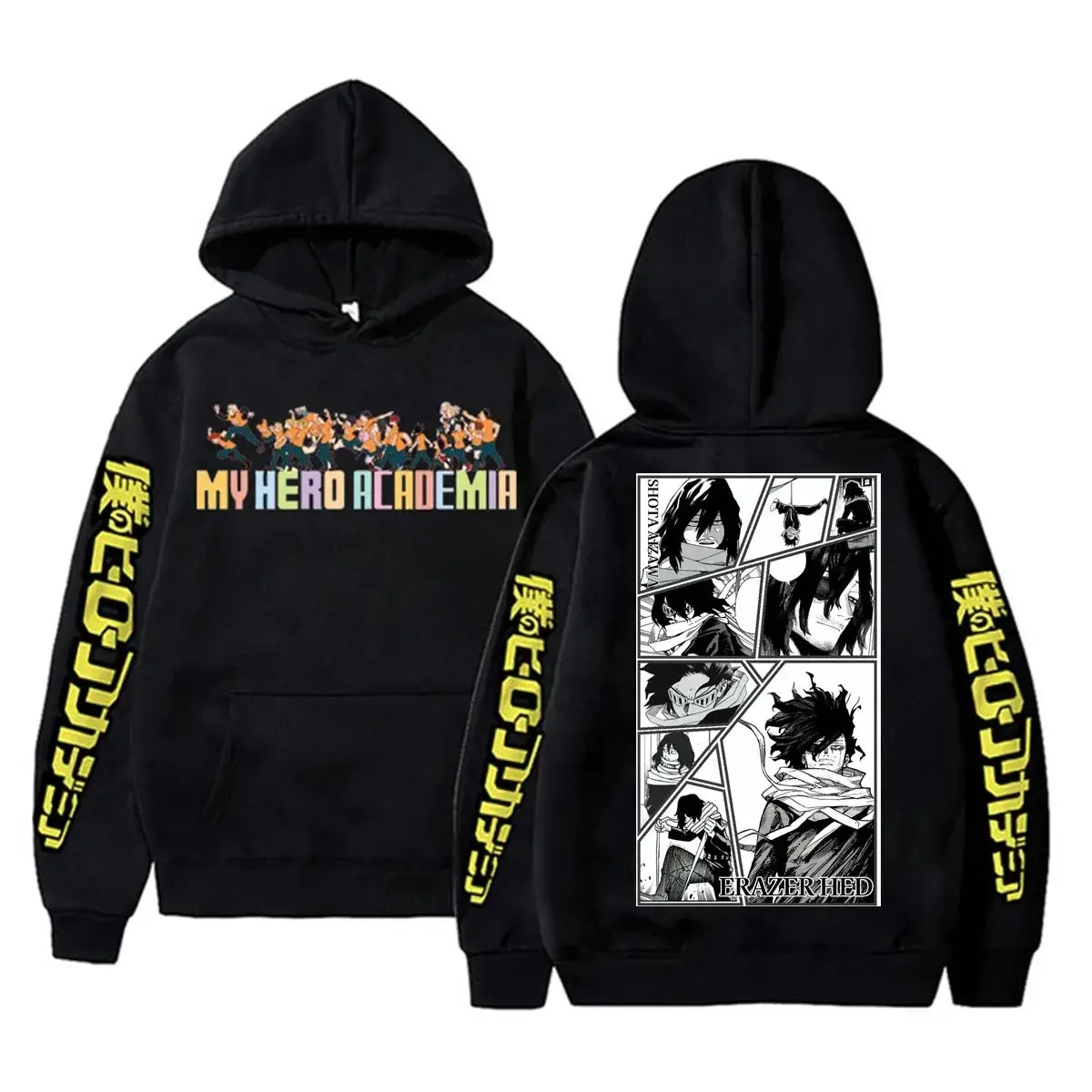 An oversized Midoriya Izuku Hoodie featuring a black and white manga graphic print, styled as unisex Harajuku streetwear for men and women.