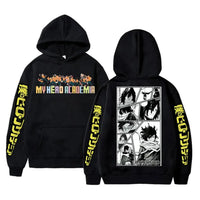 An oversized Midoriya Izuku Hoodie featuring a black and white manga graphic print, styled as unisex Harajuku streetwear for men and women.