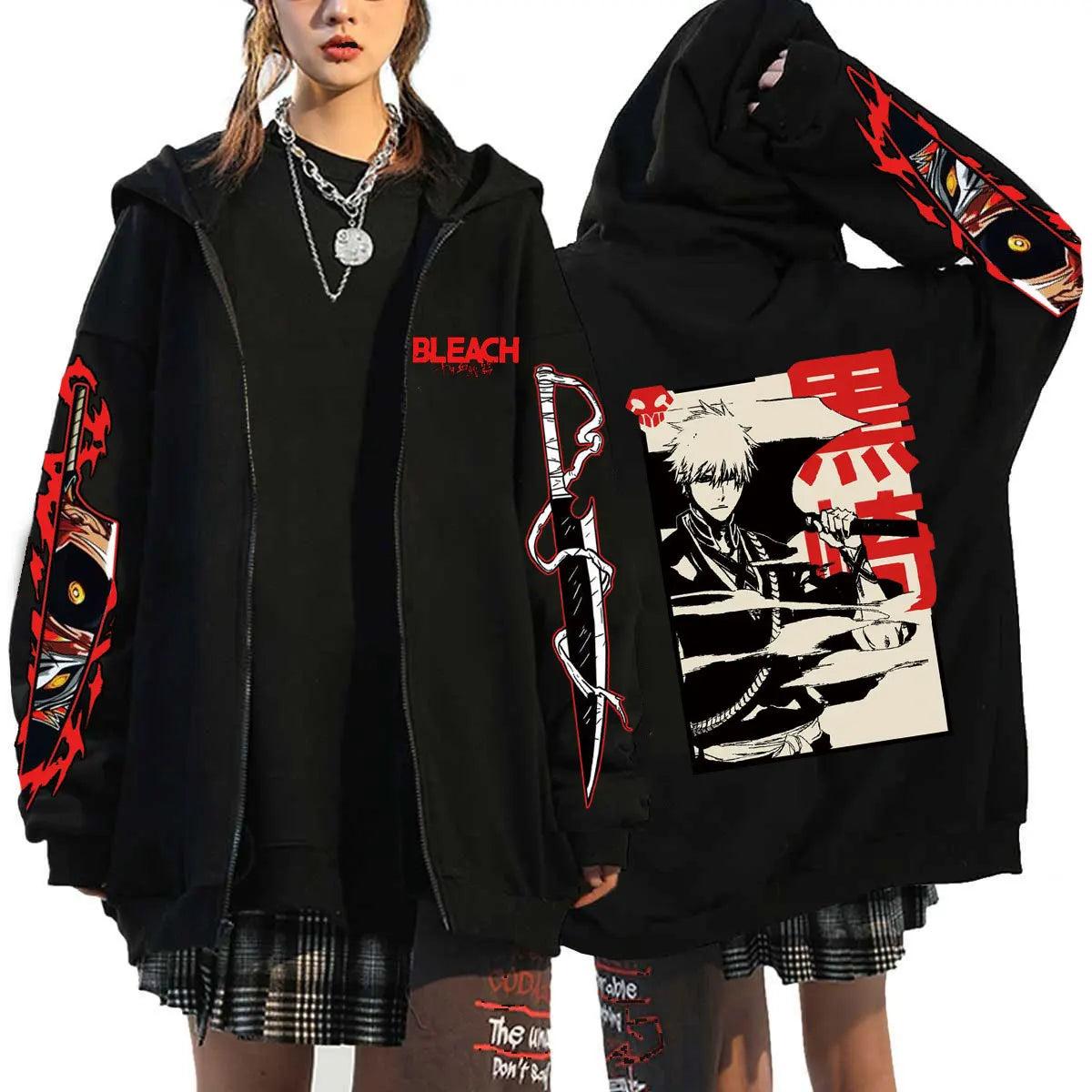 A unisex Bleach Zip Up Hoodie featuring 3D cosplay prints of Kurosaki Ichigo, Kyoraku Shunsui, and Hitsugaya Toshiro for anime fans.