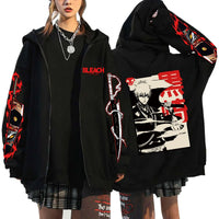 A unisex Bleach Zip Up Hoodie featuring 3D cosplay prints of Kurosaki Ichigo, Kyoraku Shunsui, and Hitsugaya Toshiro for anime fans.