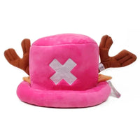A soft Tony Tony Chopper Hat made of plush cotton featuring 3D antlers, alongside a spotted Trafalgar Law cap for anime cosplay.