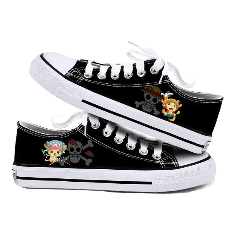 Trendy One Piece Canvas Shoes featuring Riman printed anime art, designed as breathable low-top flat sneakers for boys, girls, and couples.