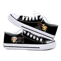 One Piece Anime Low Top Canvas Sneakers featuring popular characters on black background.