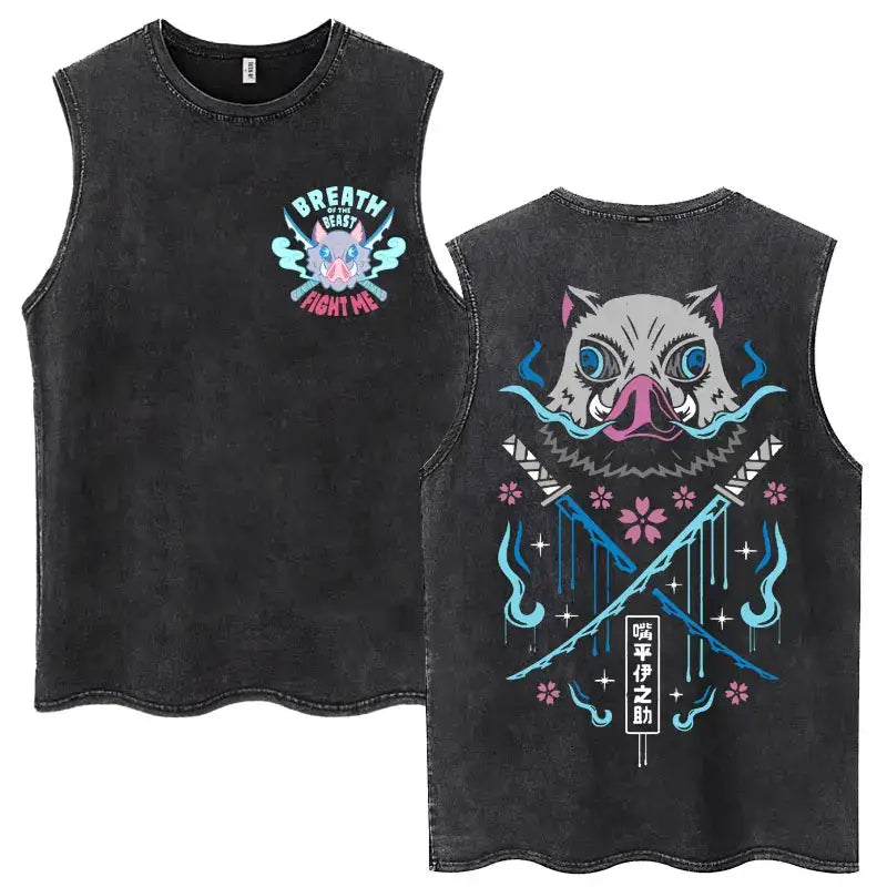 A washed retro Zenitsu Demon Slayer Tank Top featuring Agatsuma Zenitsu manga art, sleeveless cotton summer streetwear for men and women.