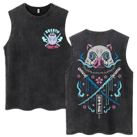 A washed retro Zenitsu Demon Slayer Tank Top featuring Agatsuma Zenitsu manga art, sleeveless cotton summer streetwear for men and women.