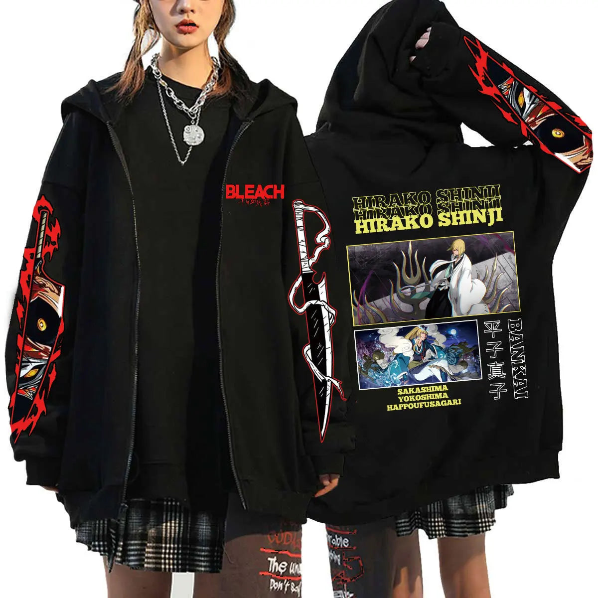A unisex Bleach Zip Up Hoodie featuring 3D cosplay prints of Kurosaki Ichigo, Kyoraku Shunsui, and Hitsugaya Toshiro for anime fans.