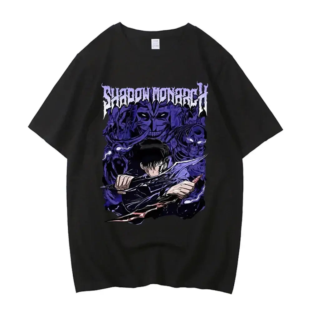 A high-quality Japanese Anime Solo Leveling T Shirt with a Sung Jinwoo cartoon graphic in a Harajuku short sleeve style.