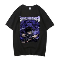 A high-quality Japanese Anime Solo Leveling T Shirt with a Sung Jinwoo cartoon graphic in a Harajuku short sleeve style.