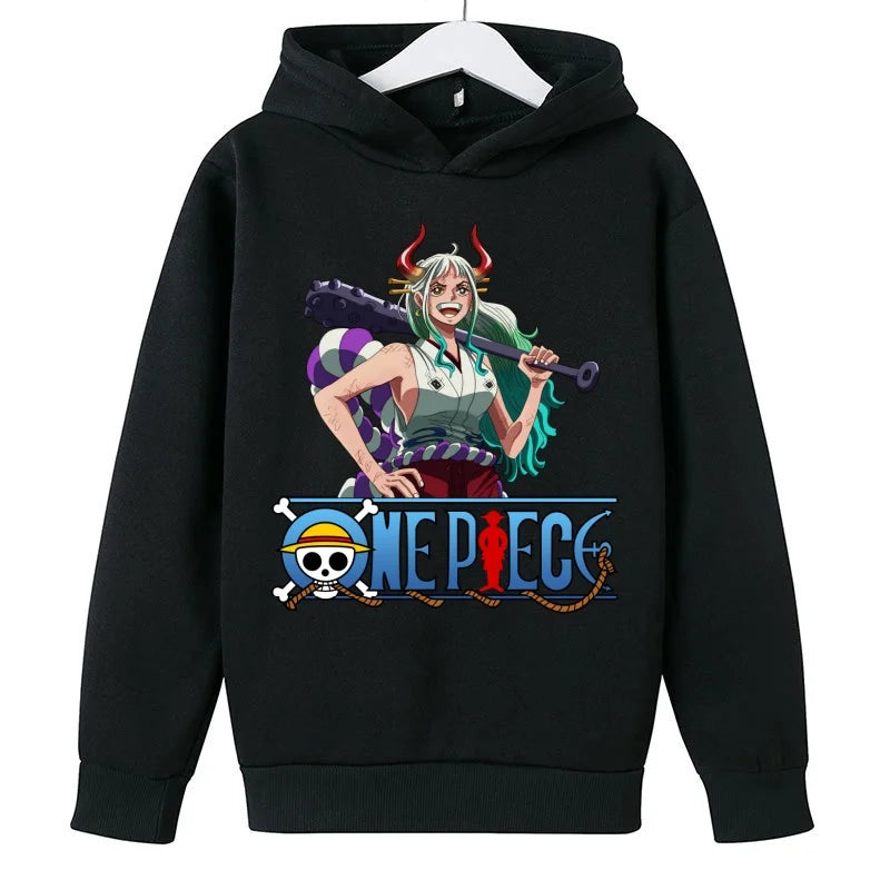 A trendy One Piece Kids Hoodie featuring cartoon graphic prints of Luffy and Zoro, designed as a casual spring and autumn pullover for children.