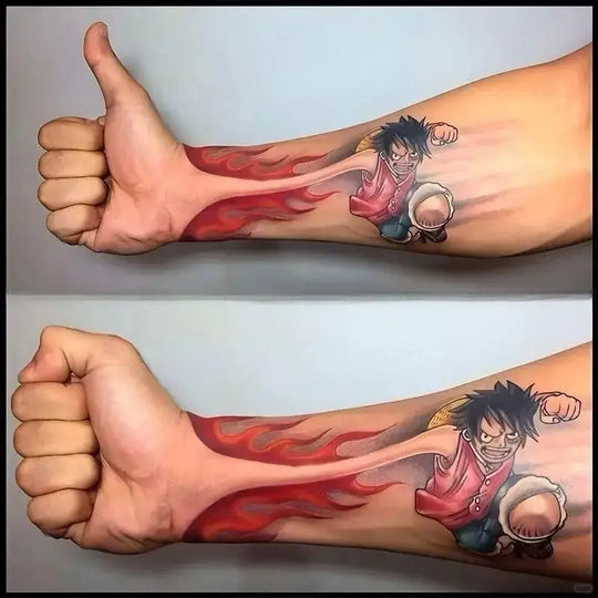 One Piece Temporary Tattoo Stickers illustration showing Luffy with fire fist design on a forearm.