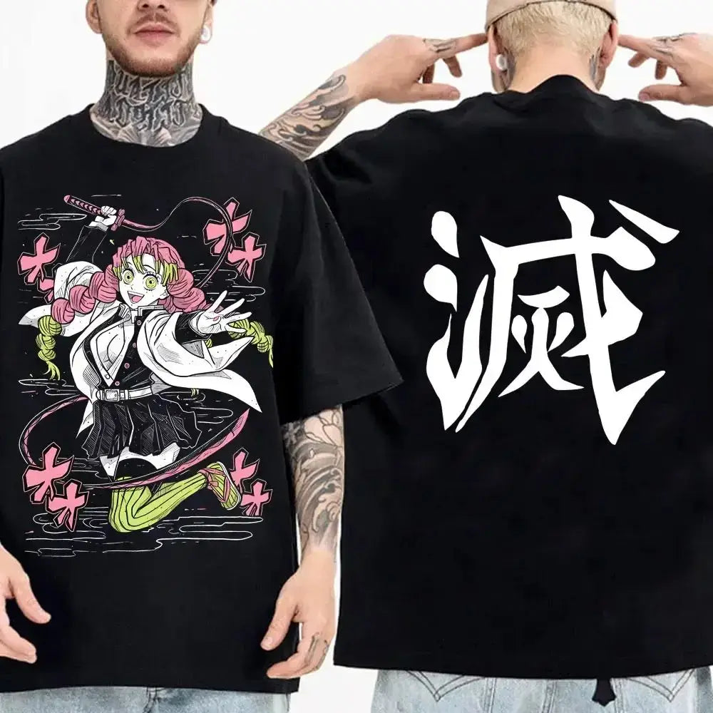 Demon Slayer Cotton Parent-Child Anime T-Shirt worn by parent and child matching summer outfit
