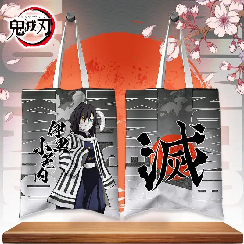 A stylish Shinobu Kocho Canvas Bag featuring a cute cartoon print of the Insect Hashira, designed as a small Japanese style shoulder handbag for women.