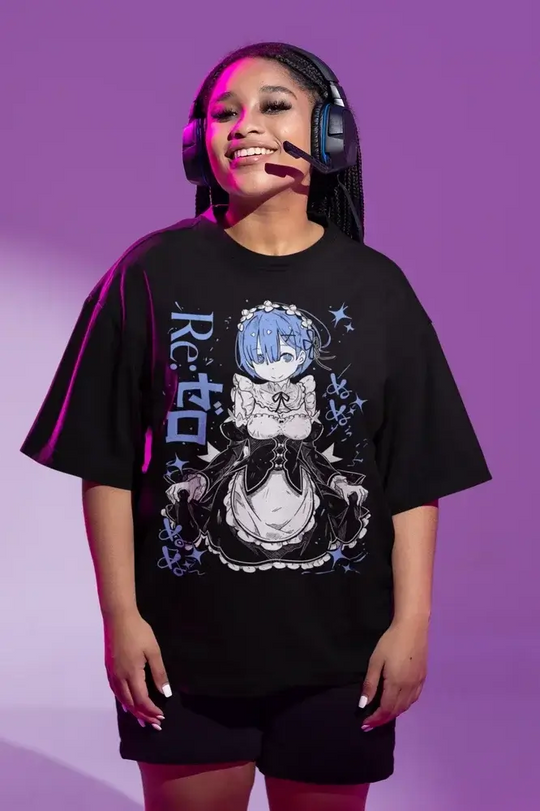 Re:Zero Emilia Ram shirt worn by a woman with gaming headset, showcasing Japanese manga design in vibrant colors.