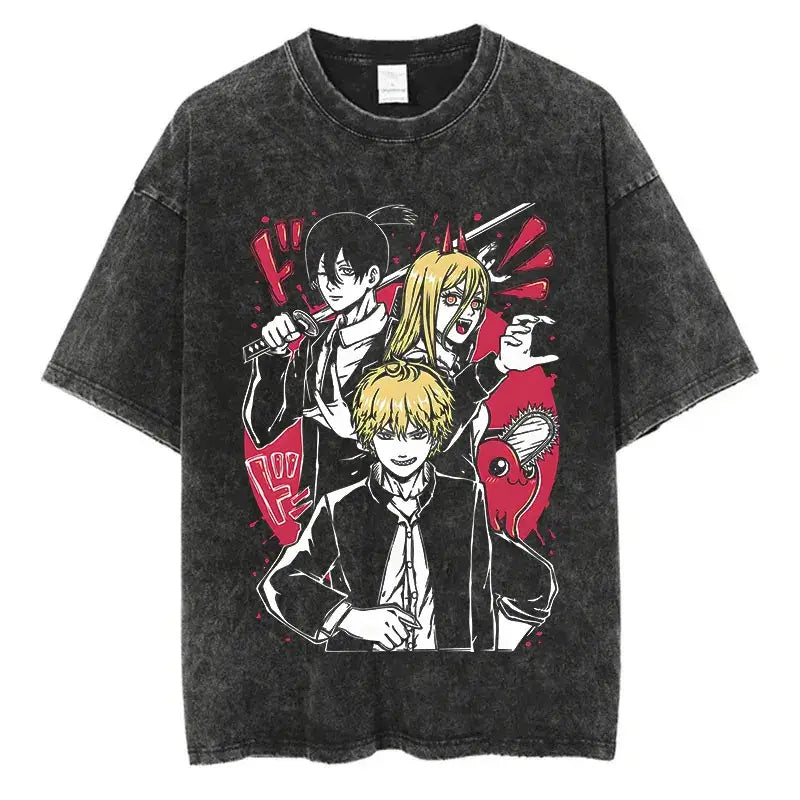 Chainsaw Man Power Print T-Shirt Y2K Harajuku washed cotton unisex anime tee men women
