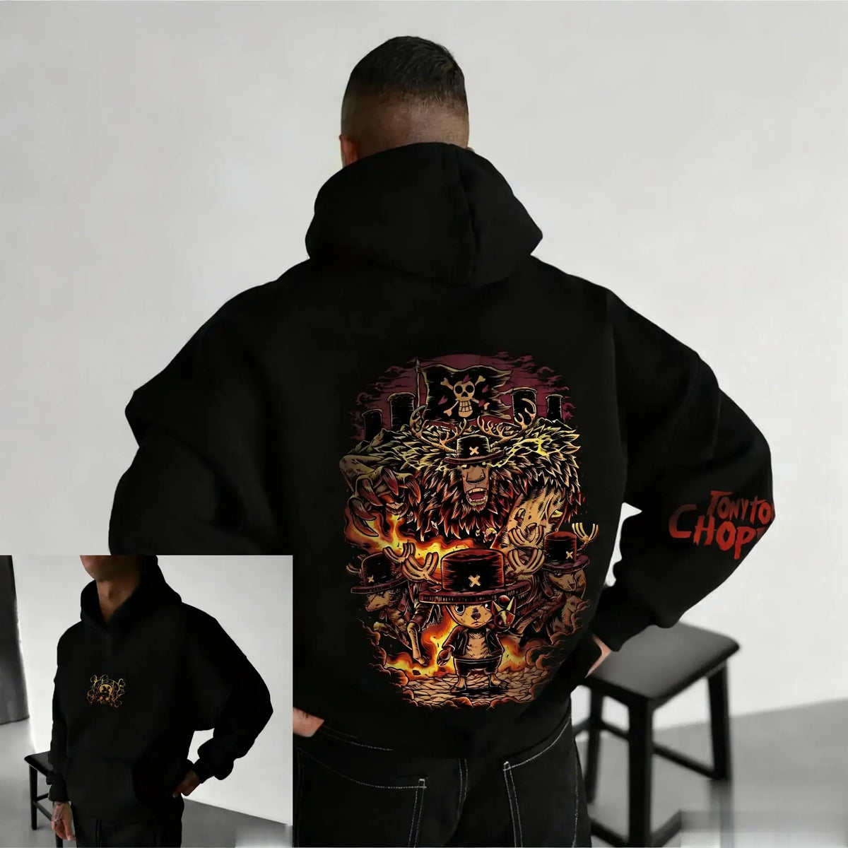 An oversized Chopper Graphic Hoodie featuring a cute Tony Tony Chopper anime print, designed as casual autumn and winter streetwear for men and women.