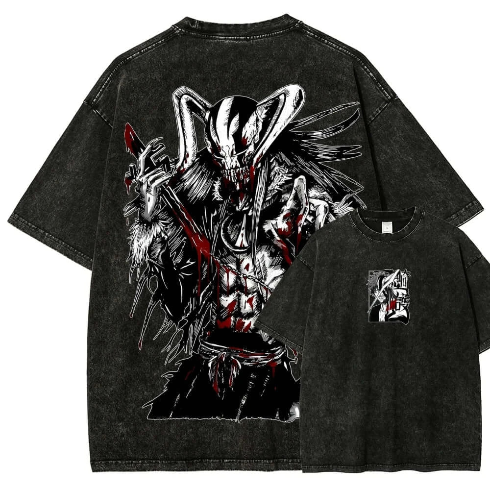 Ichigo Kurosaki Hollow Mask Washed T-Shirt back view with Zangetsu Bleach anime artwork