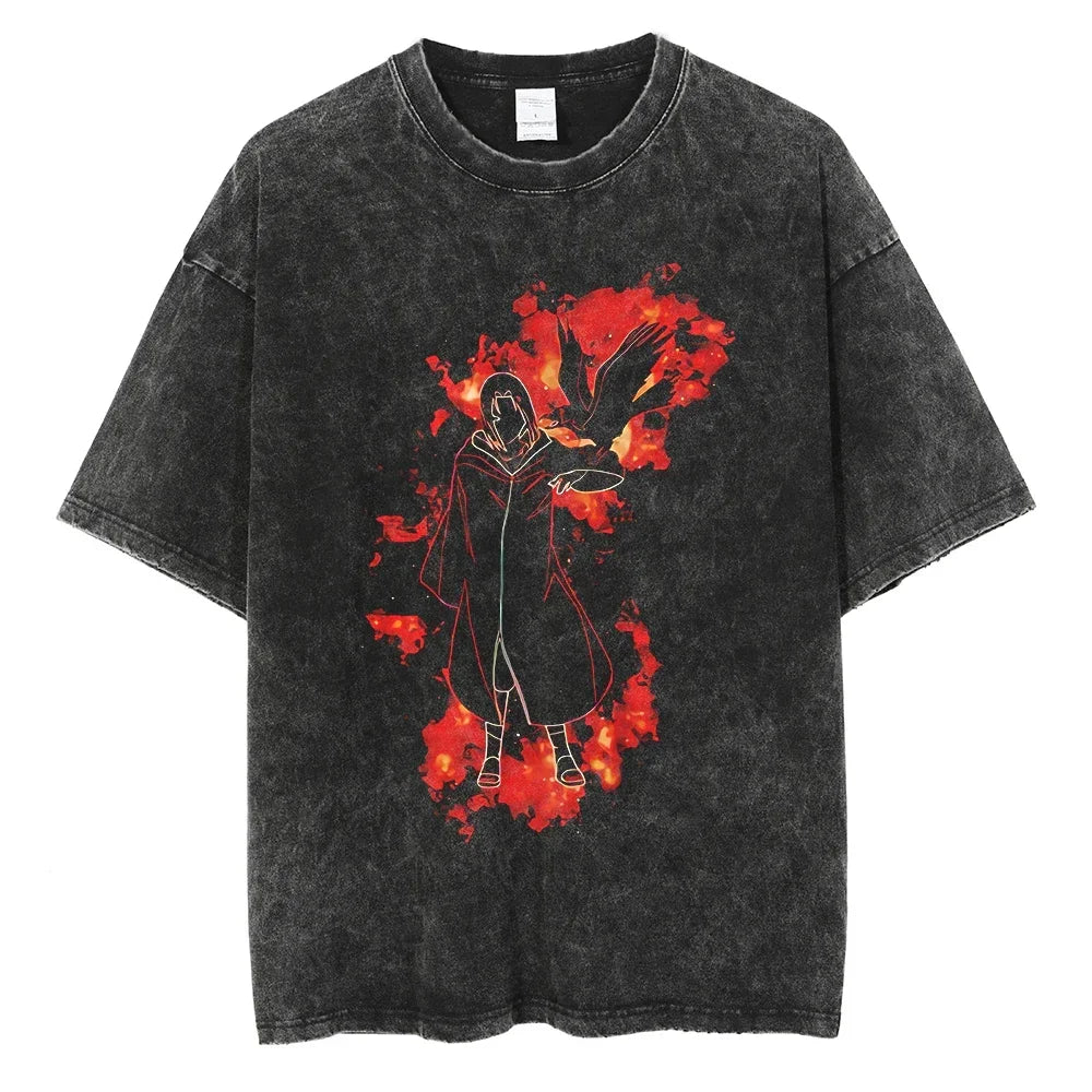 Men's vintage Naruto Rock Lee Streetwear T Shirt in a washed black style, featuring an anime graphic of the taijutsu master.